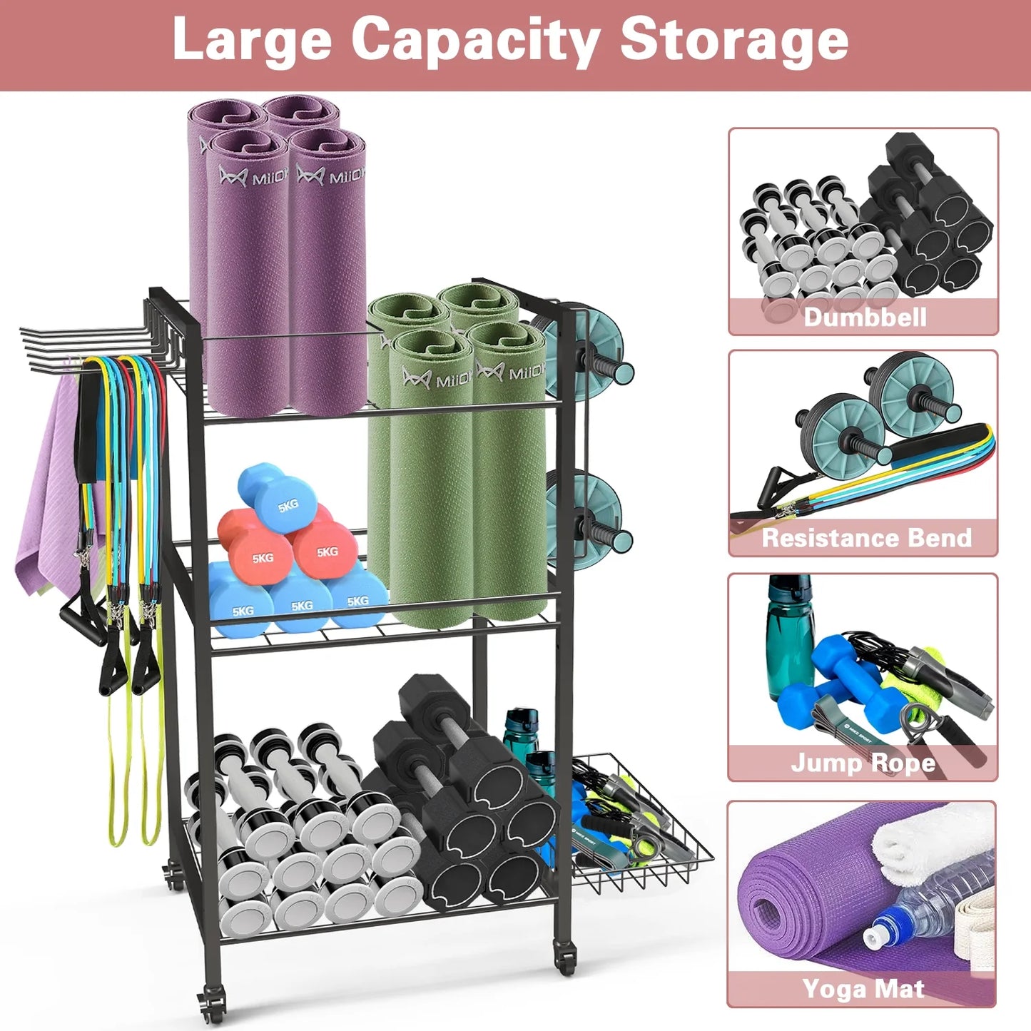 Yoga Mat Storage, Gym Equipment Storage, Cart for Organizing Workout Room, Home Gym Storage with Hooks and Wheels